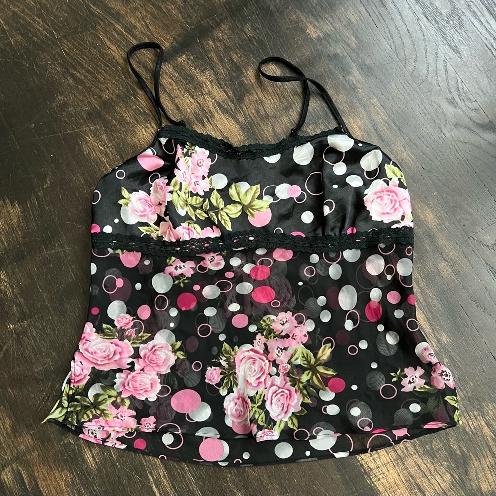 Black and Pink Floral Polka Dot Pajama Sleep Set Camisole & Pants M Feminine